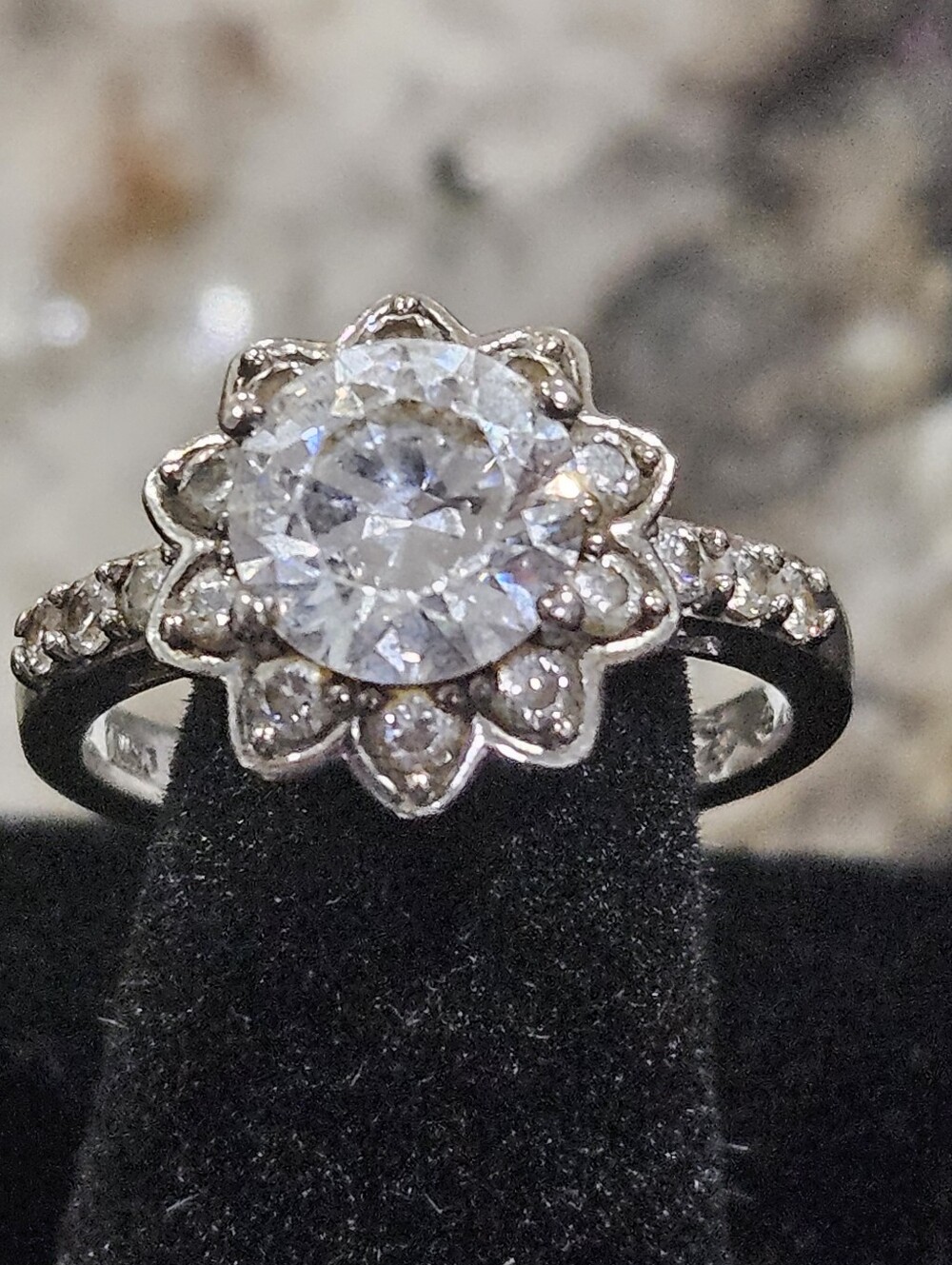 Sterling Silver Floral Halo Engagement Ring Size 7